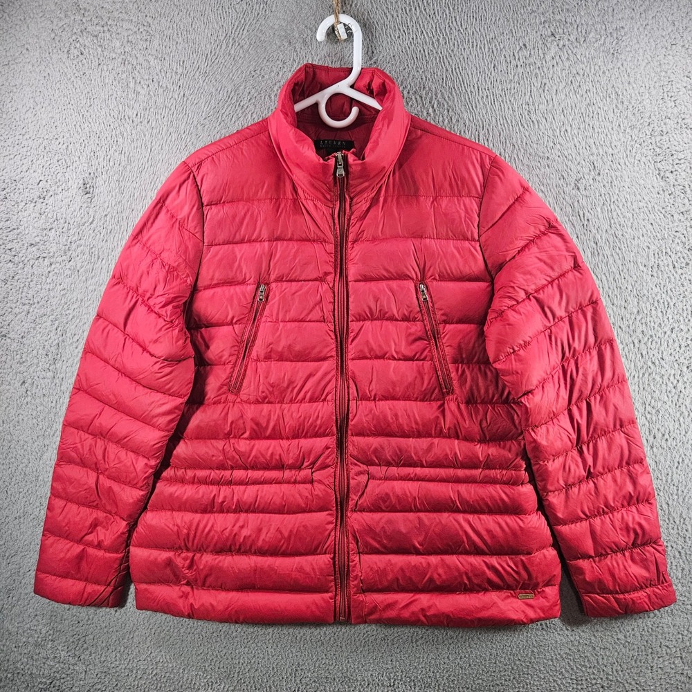 Lauren Ralph Lauren Womens Red Quilted Down Puffer Jacket XL Full Zip Coat